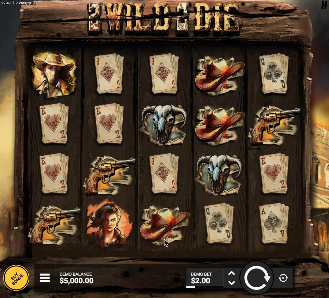 2 Wild 2 Die base game at the opening $2.00 bet: a 5x4 crate of skull-suited cards, steer skulls, hats, pistols and two outlaws