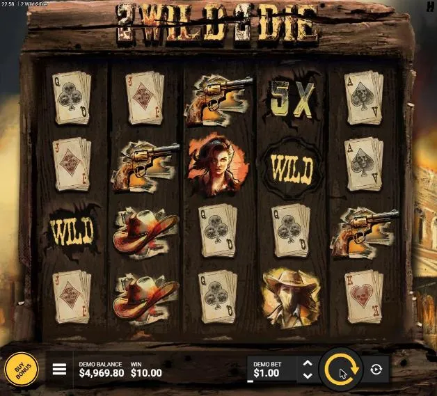 2 Wild 2 Die base spin 58 at a $1 bet, settled: two WILD signs and a 5X Wild Multiplier left by a Revolver among pistols, WIN $10.00