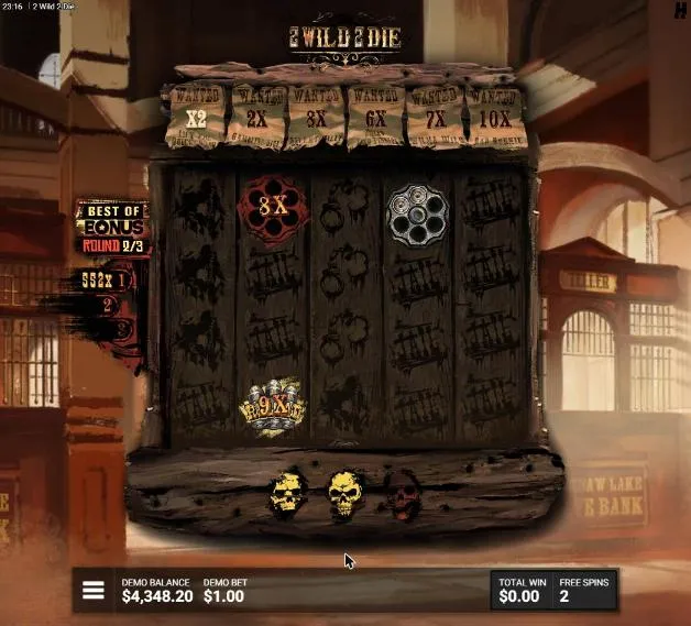 2 Wild 2 Die Best of Most Wanted! round 2 of 3 from our $260 buy: the scoreboard shows 552X from round 1 beside the Wanted Posters