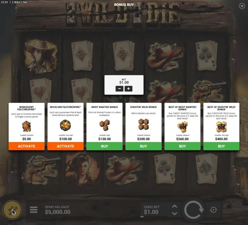 2 Wild 2 Die buy menu at a $1 bet: BonusHunt $5, Revolver $100, Most Wanted! $130, Shootin' Wild! $200 and two Best of buys