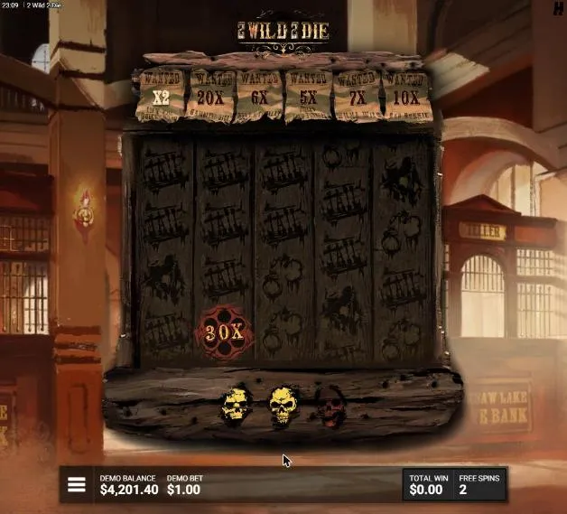 2 Wild 2 Die Most Wanted! from our $130 buy: a Silver Revolver locked at 30X under six Wanted Posters, two skull lives, TOTAL WIN $0.00