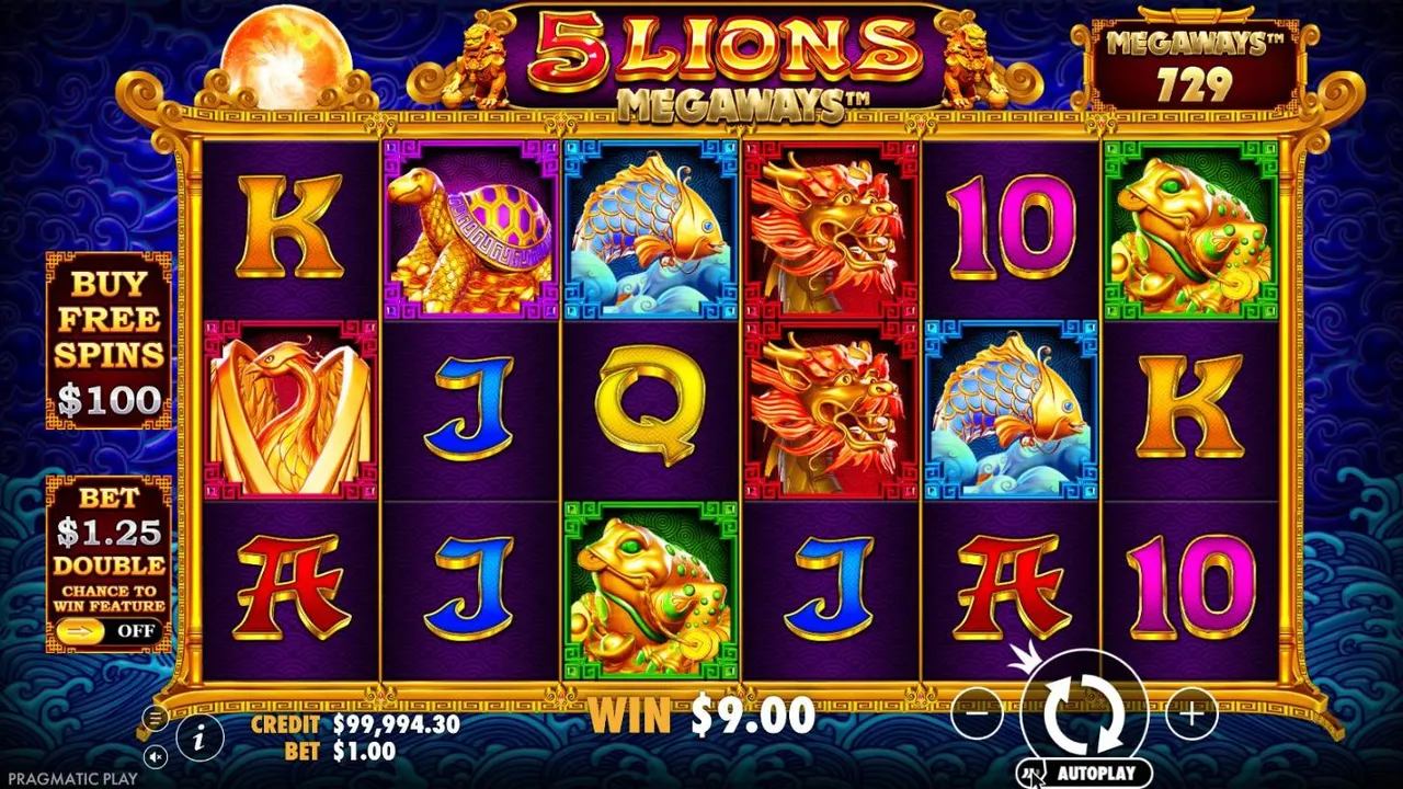 5 Lions Megaways base game at a $1 bet: dragons, koi, toads and a phoenix on six reels, MEGAWAYS 729, WIN $9.00, ante OFF