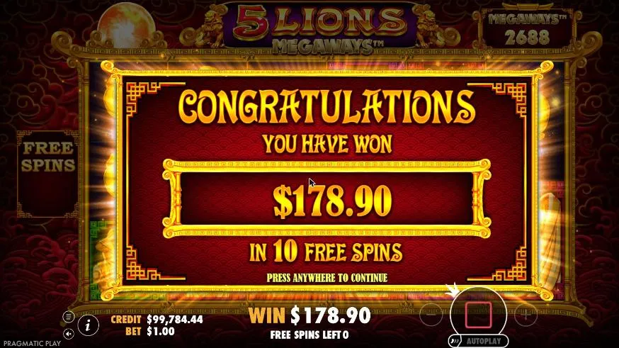 5 Lions Megaways result screen after our $100 buy of 10 free spins at 10x to 30x: YOU HAVE WON $178.90 IN 10 FREE SPINS