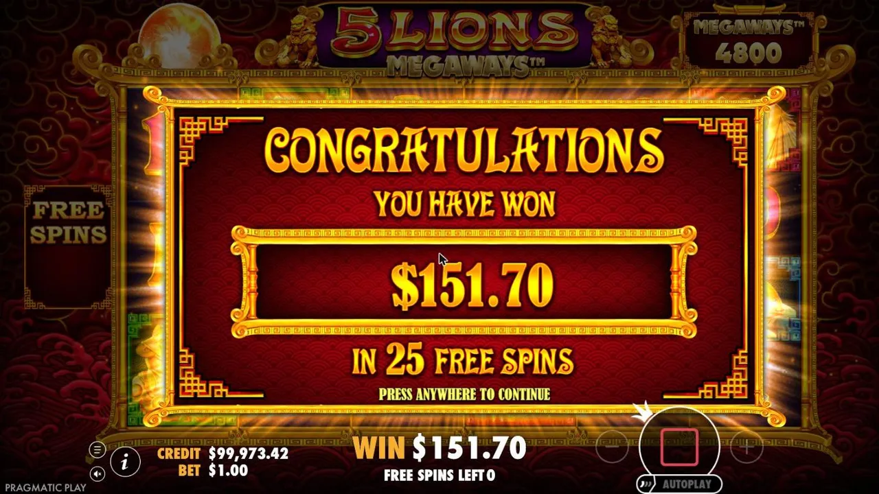 5 Lions Megaways result screen after spin 56 at a $1 bet: YOU HAVE WON $151.70 IN 25 FREE SPINS, WIN $151.70