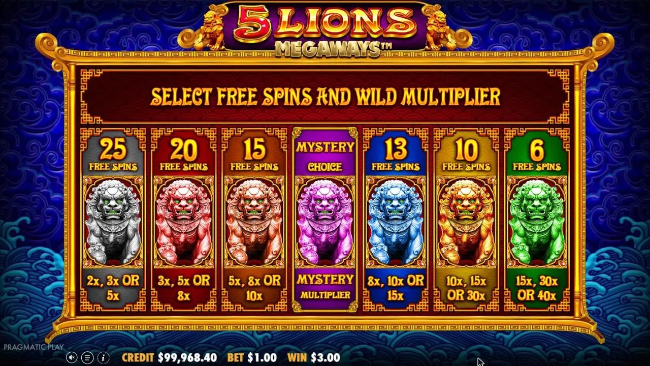 5 Lions Megaways SELECT FREE SPINS AND WILD MULTIPLIER screen: seven lion statues from 25 spins at 2x to 5x to 6 at 15x to 40x