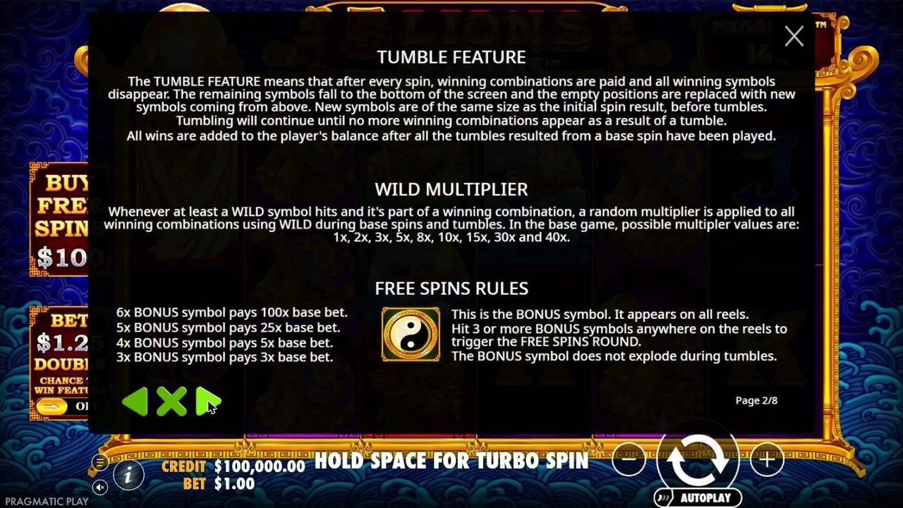 5 Lions Megaways rules page 2: tumbles, base-game wild multipliers of 1x to 40x and BONUS coins paying 3x to 100x the bet