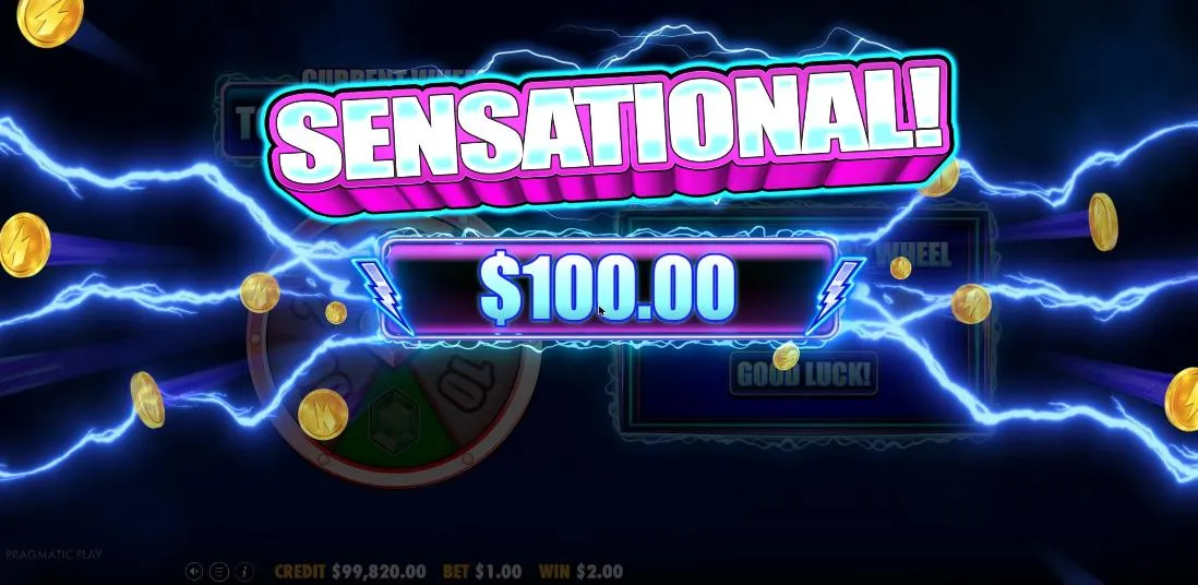 777 Wheel Blitz SENSATIONAL win screen showing $100.00 after the Ruby Wheel landed on 100x