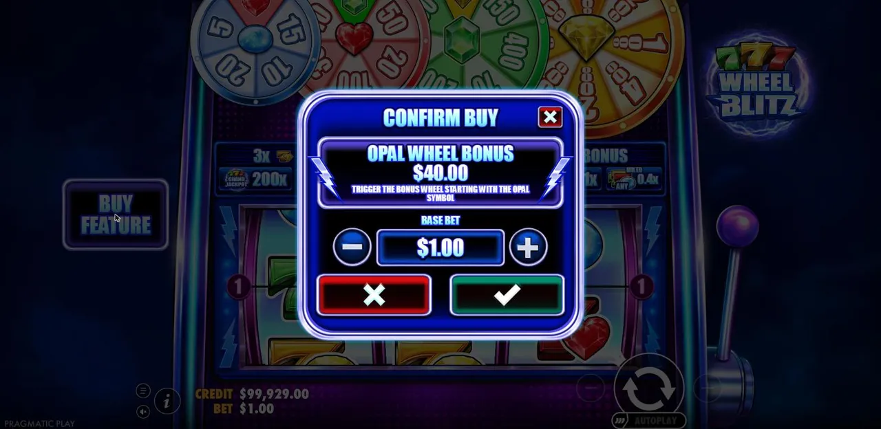 777 Wheel Blitz Buy Feature confirmation: Opal Wheel Bonus for $40.00 at a $1 base bet, triggering the bonus wheel from the Opal symbol