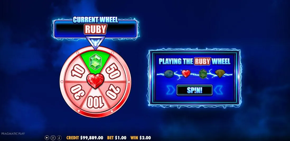 777 Wheel Blitz Ruby Wheel after an upgrade from Opal, with slices of 10, 20, 30, 50 and 100 and a green slice that upgrades to the Emerald Wheel