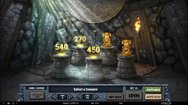 Aztec Idols Pick-the-Idols bonus after spin 34 at a $0.90 bet: 540, 270 and 450 coins revealed above empty pedestals, two idols left