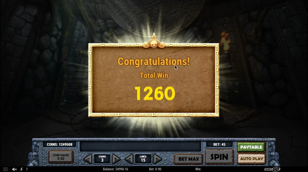 Aztec Idols bonus end screen after spin 34 at a $0.90 bet: Congratulations, Total Win 1260 coins in a gold frame in the stone chamber