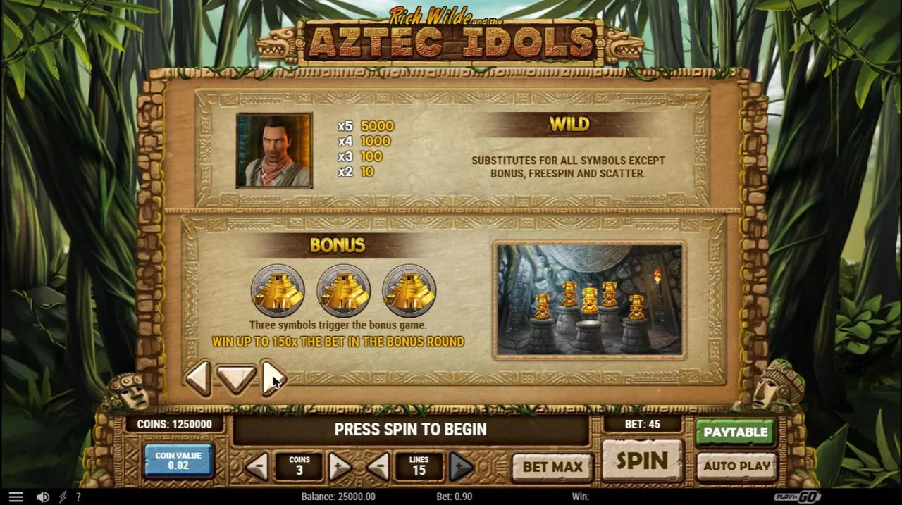 Aztec Idols paytable page 1: Rich Wilde wild paying 5000 per coin for five, three pyramids for the bonus, up to 150x the bet in the bonus