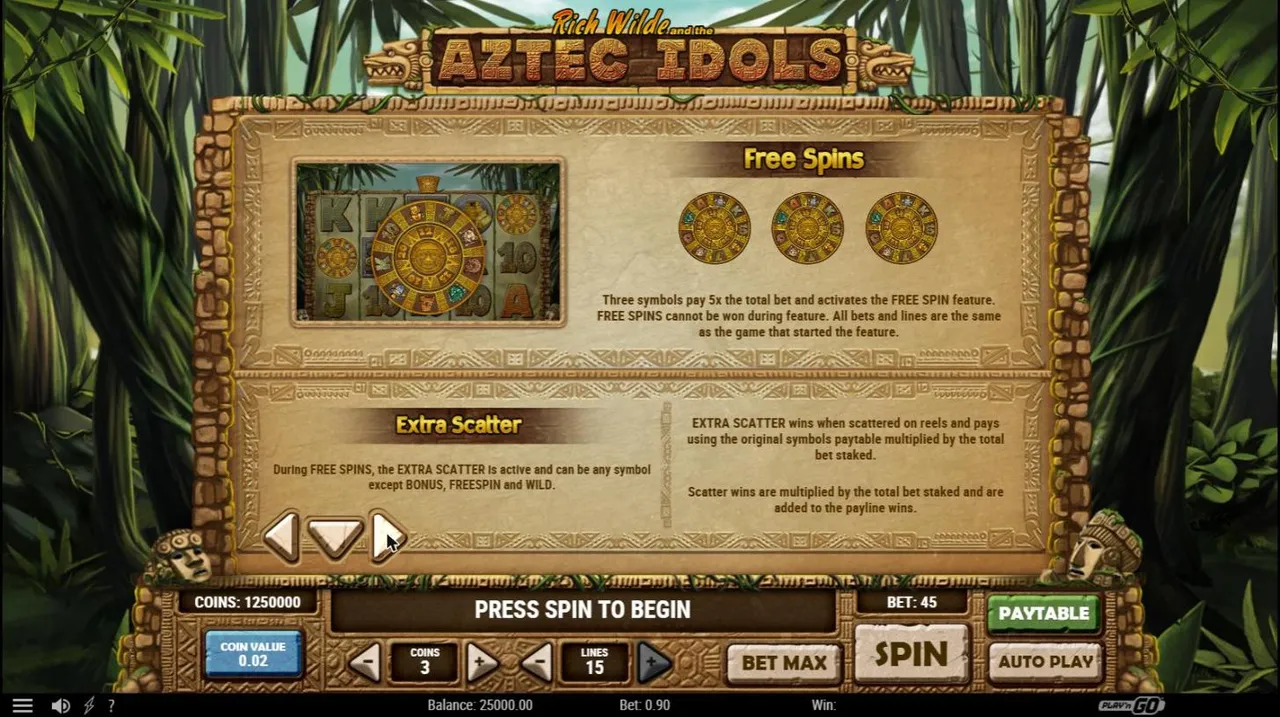 Aztec Idols paytable page 2: three sunstones pay 5x the total bet and start free spins, and the Extra Scatter pays from the normal paytable