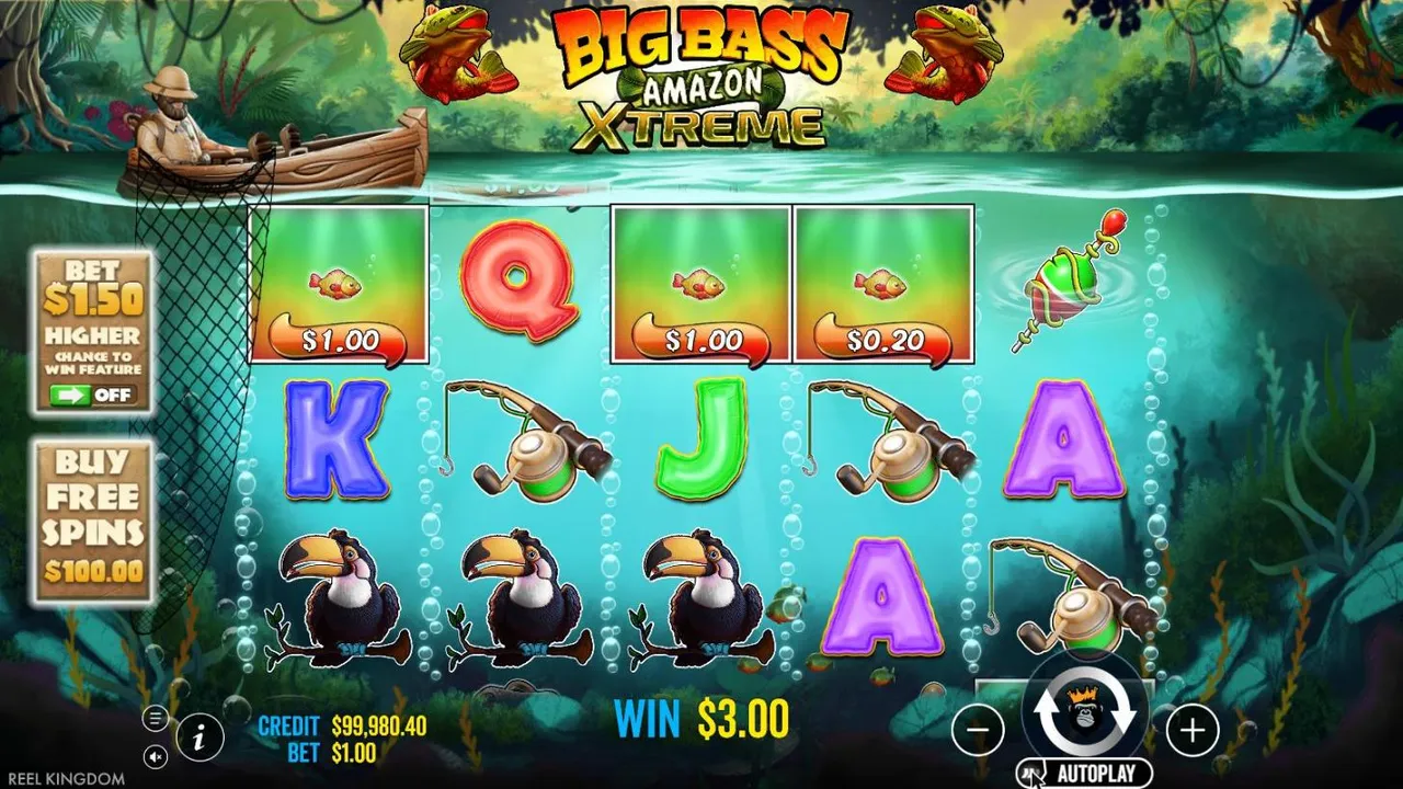 Big Bass Amazon Xtreme base game at a $1 bet: three toucans on the bottom row, fish worth $1.00, $1.00 and $0.20 above, WIN $3.00