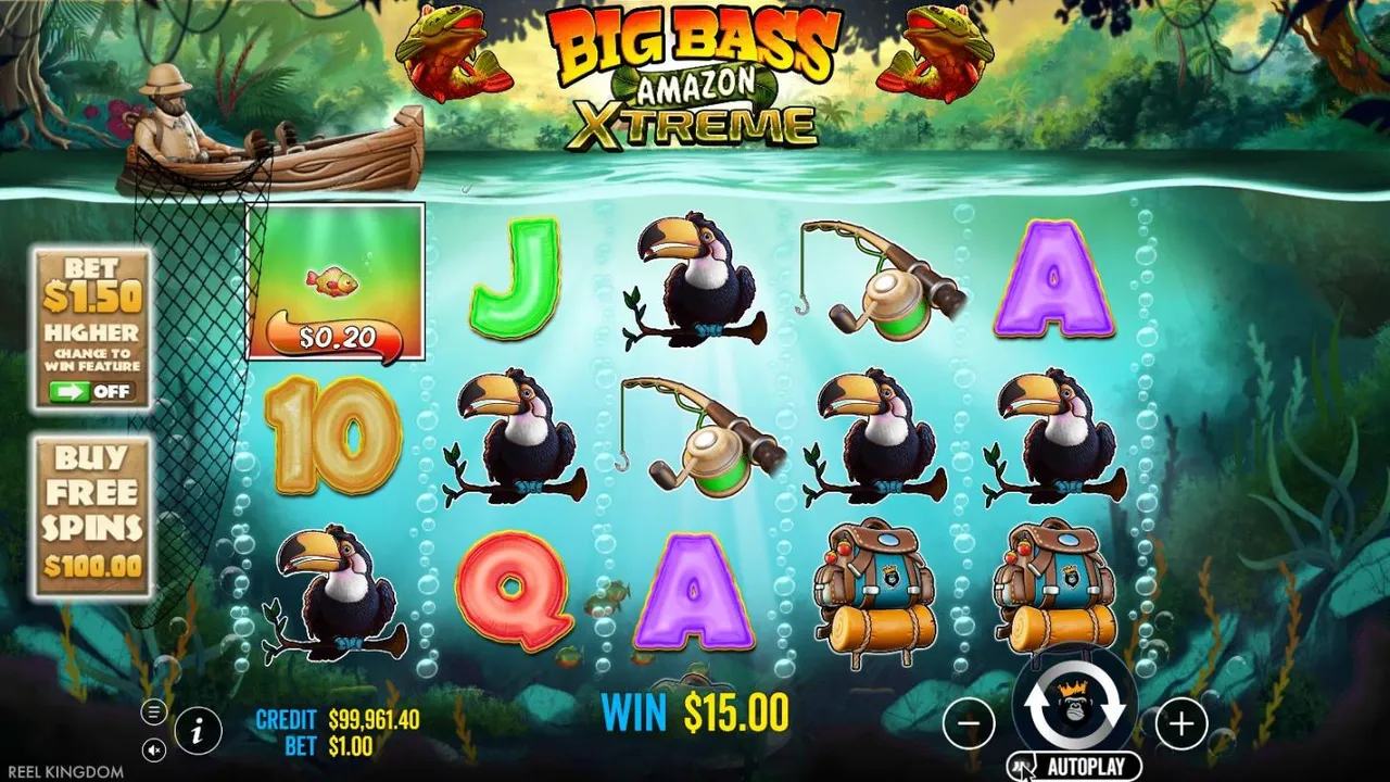 Big Bass Amazon Xtreme spin 72 at a $1 bet, settled: five toucans on screen, four of them on line 6, a $0.20 fish, WIN $15.00