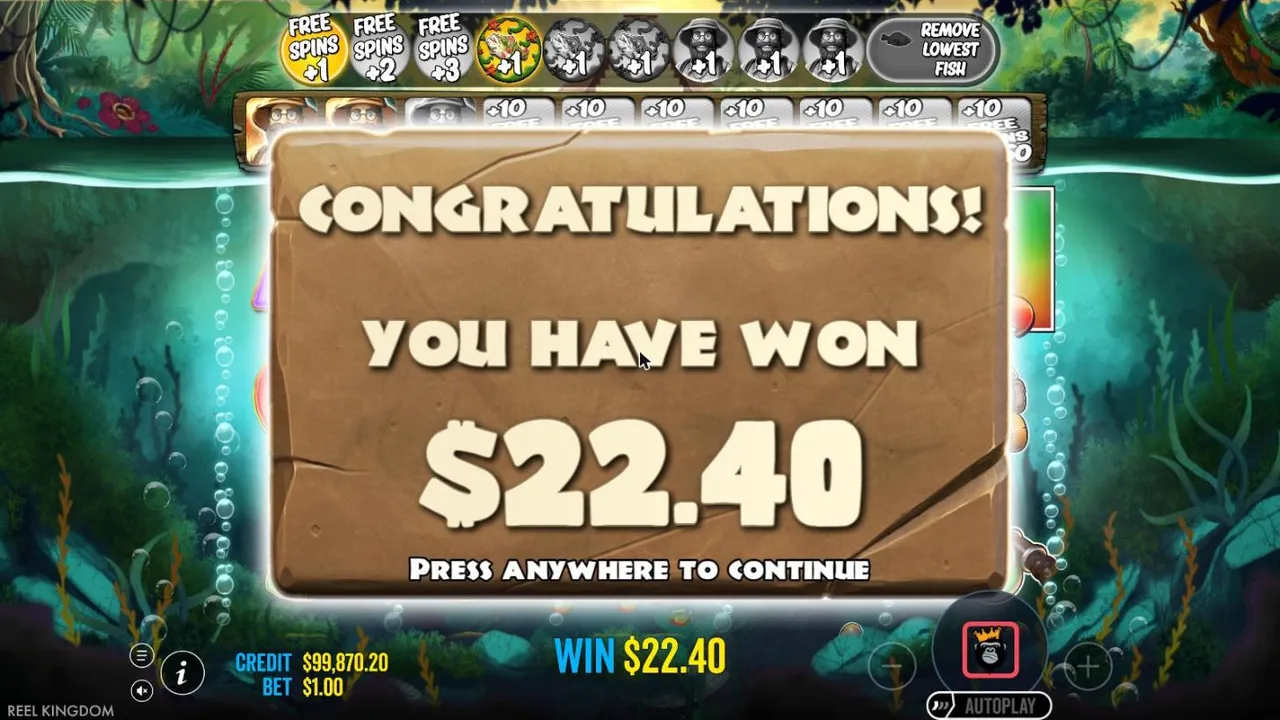 Big Bass Amazon Xtreme result screen after our $100 buy at a $1 bet: YOU HAVE WON $22.40, two fishermen lit on the trail, WIN $22.40
