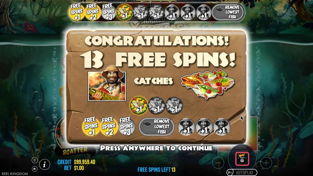 Big Bass Amazon Xtreme award screen for 13 free spins at a $1 bet: one fish +1, FREE SPINS +1 and +2 lit, the other modifier tiles grey