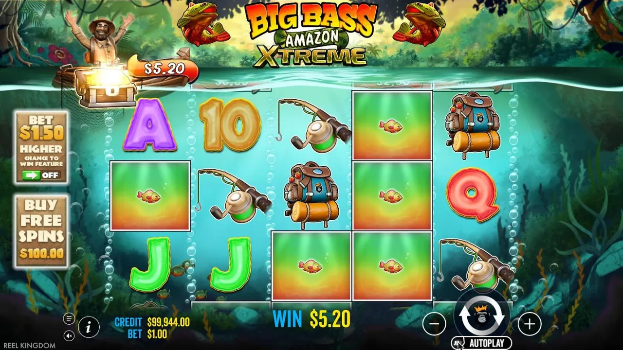 Big Bass Amazon Xtreme base-game collect at a $1 bet: the fisherman cheering over a glowing chest, a $5.20 banner and five fish, WIN $5.20