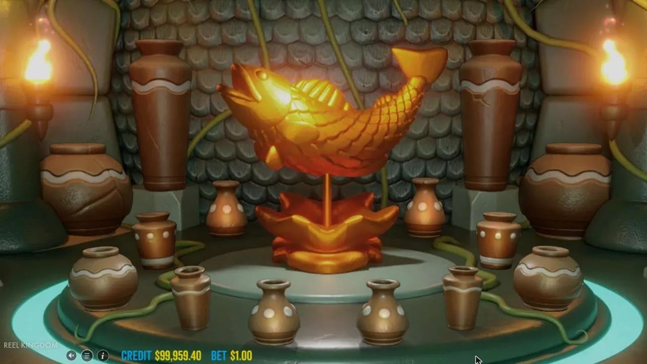 Big Bass Amazon Xtreme pick screen before free spins: a golden fish statue in a torchlit temple, surrounded by 14 clay vases to pick