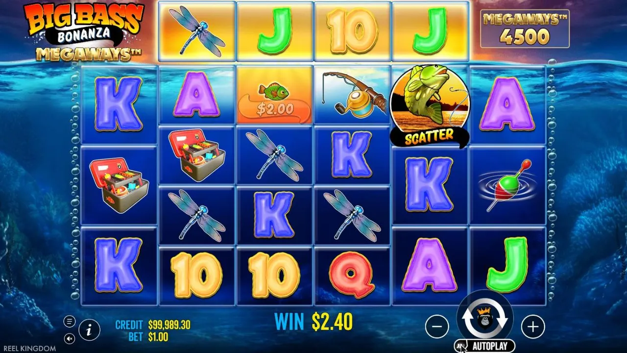 Big Bass Bonanza Megaways base game at a $1 bet: six underwater reels of 3 to 5 symbols, a $2.00 fish and a scatter, MEGAWAYS 4500, WIN $2.40