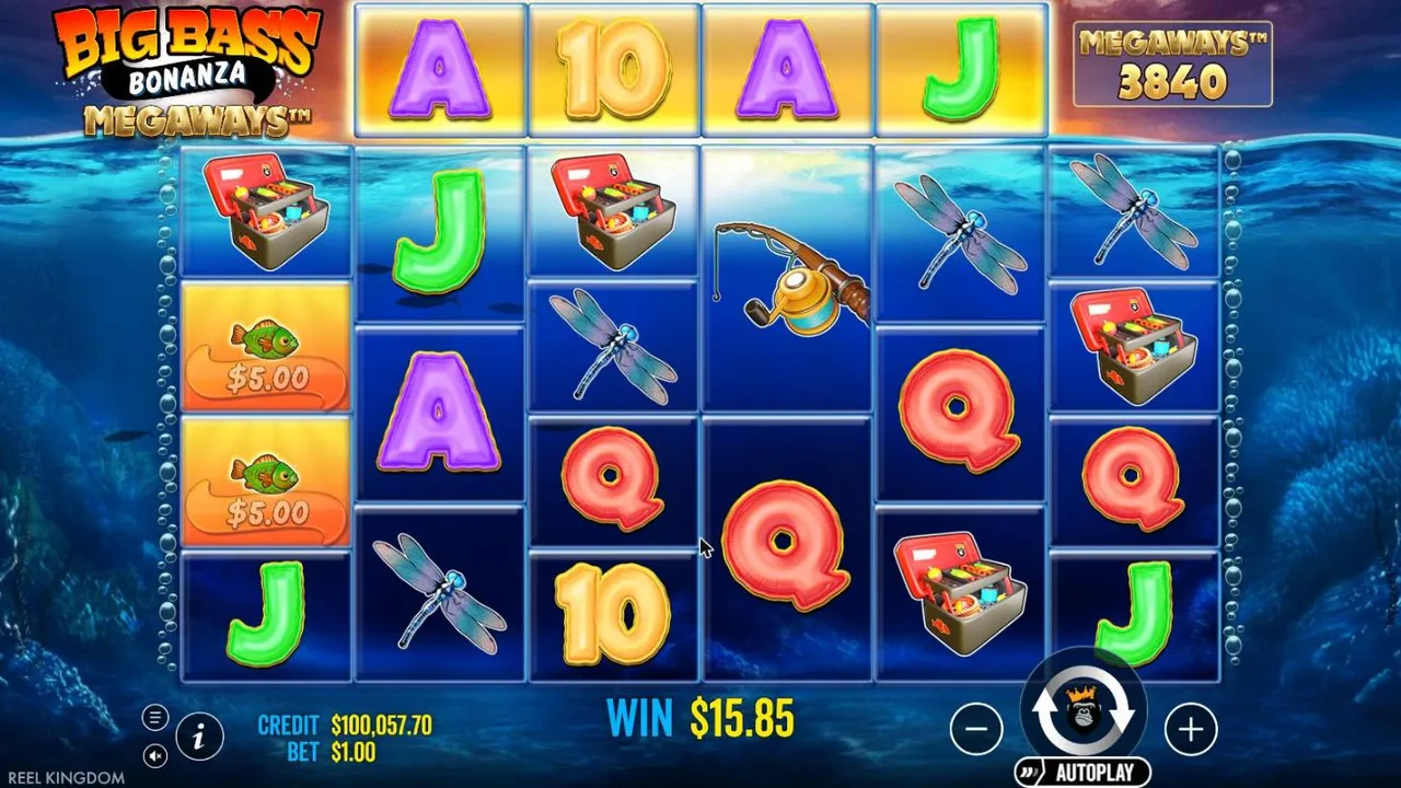 Big Bass Bonanza Megaways spin 95 at a $1 bet, settled: two $5.00 fish on reel 1, tackle boxes, dragonflies and Qs, MEGAWAYS 3840, WIN $15.85