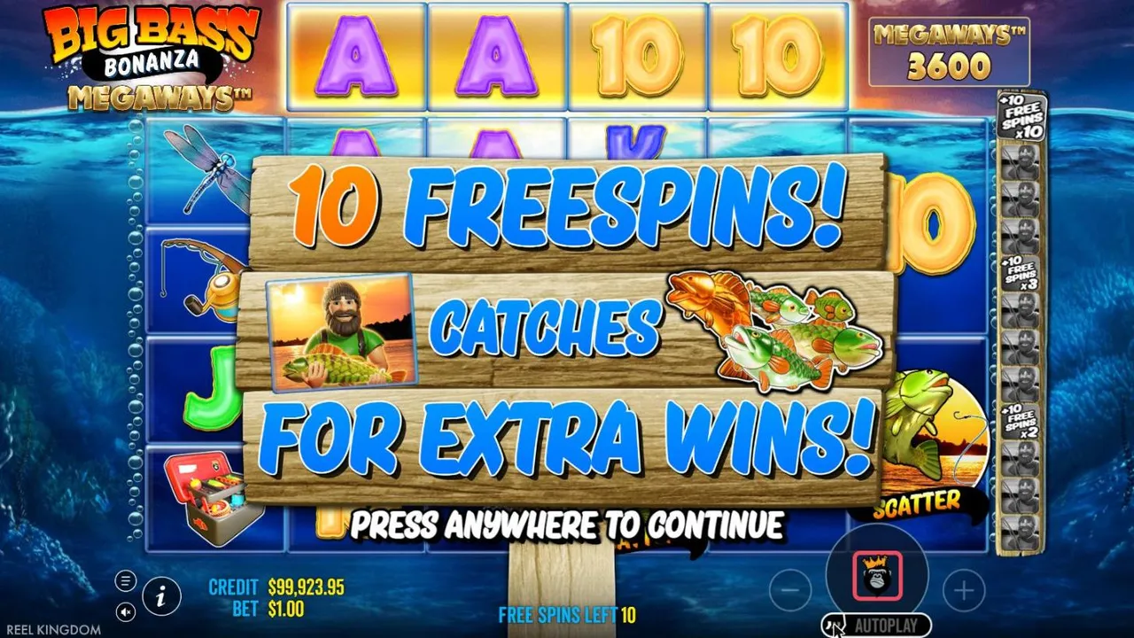 Big Bass Bonanza Megaways award screen for 10 free spins: the fisherman holding a bass, and the bar with +10 FREE SPINS x2, x3 and x10 tiles
