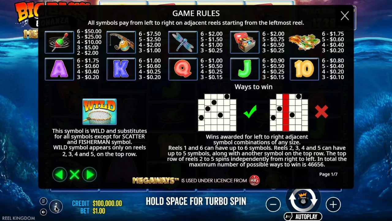 Big Bass Bonanza Megaways rules page 1: the paytable at a $1 bet, the net WILD on the top row of reels 2 to 5 and up to 46,656 ways