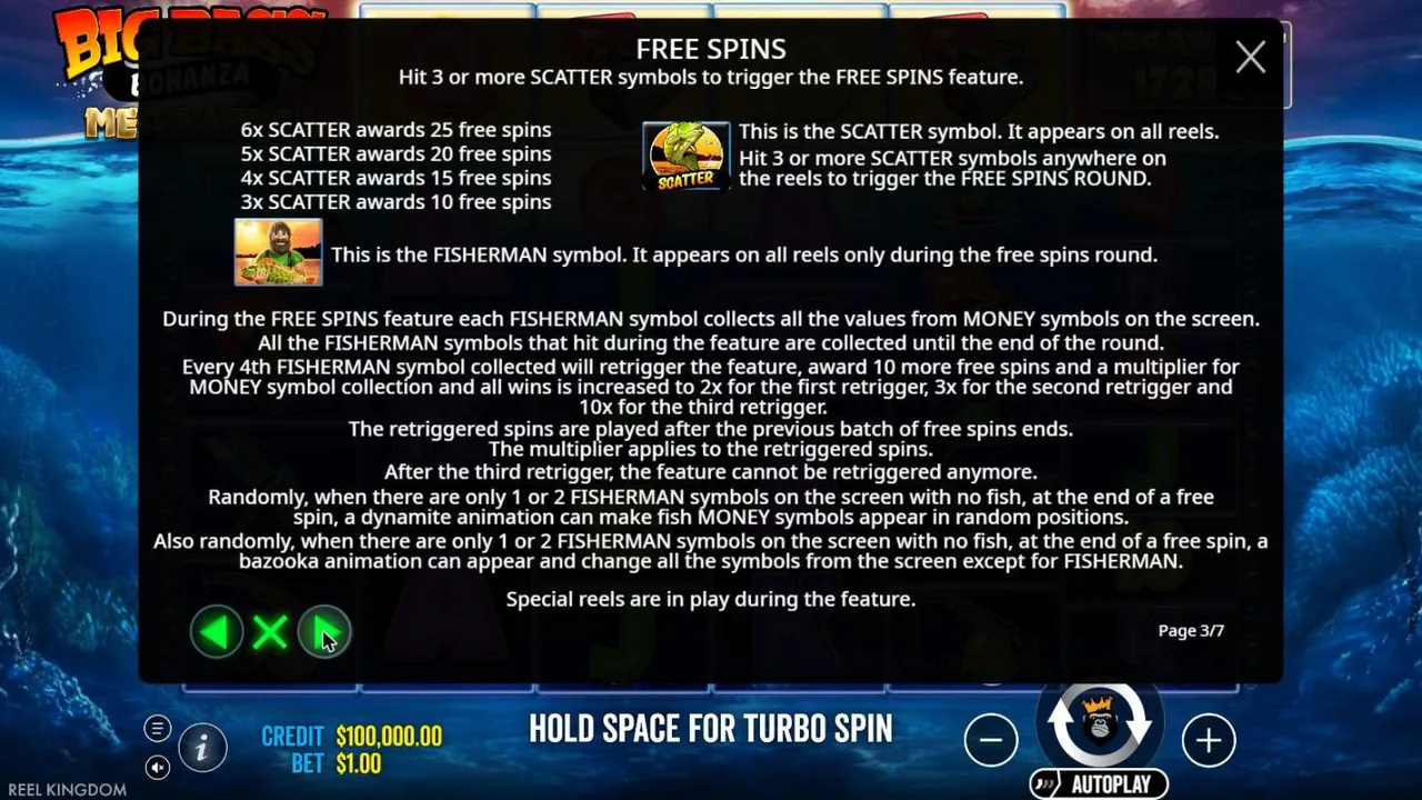 Big Bass Bonanza Megaways rules page 3: 3 to 6 scatters for 10 to 25 free spins, the fisherman collect and the 2x, 3x and 10x retriggers