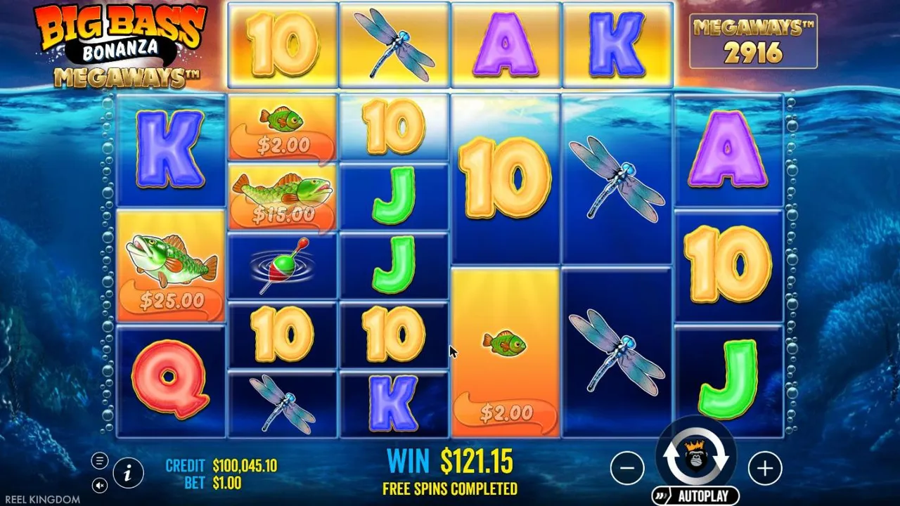 Big Bass Bonanza Megaways board after the spin 85 free spins at a $1 bet: fish worth $2.00, $15.00 and $25.00, WIN $121.15, FREE SPINS COMPLETED