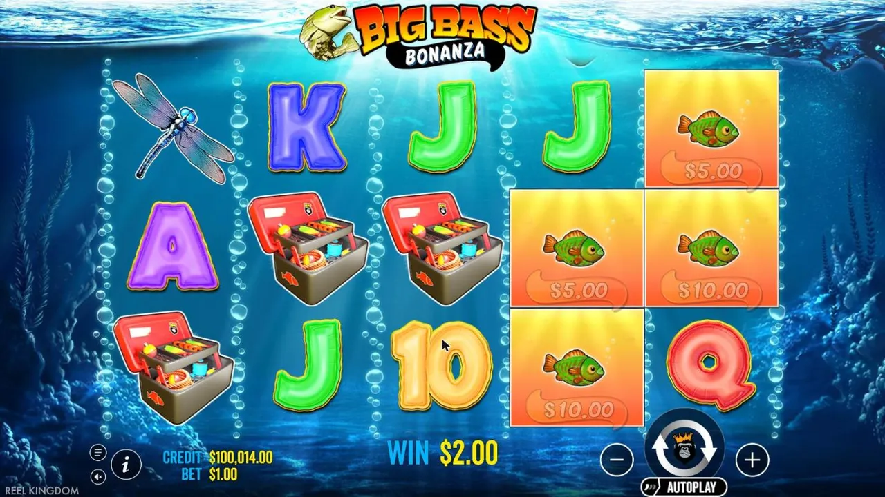 Big Bass Bonanza base game at a $1 bet: four fish tagged $5 and $10 on reels 4 and 5 beside tackle boxes, a dragonfly and letters, WIN $2.00