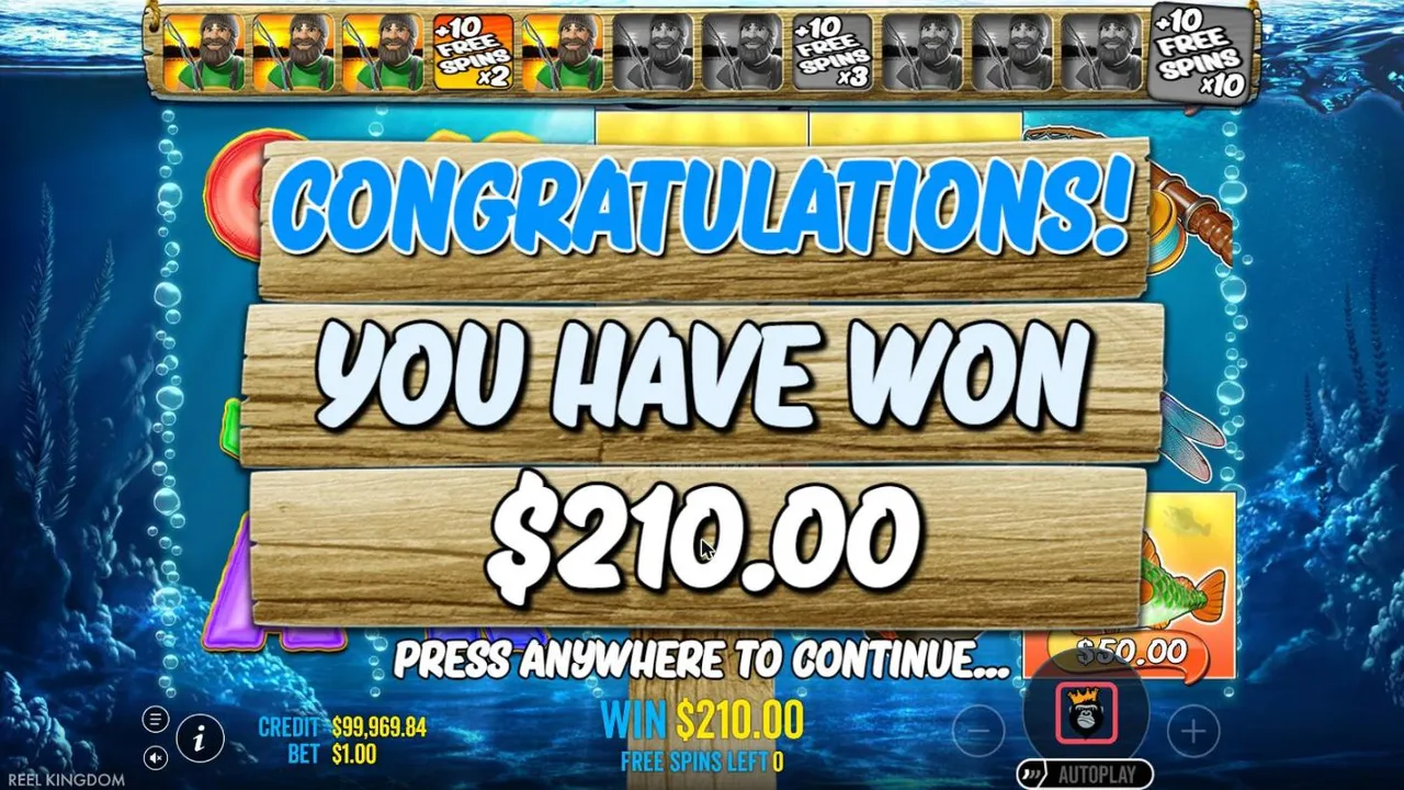 Big Bass Bonanza result board after the spin 85 free spins at a $1 bet: you have won $210.00, the fisherman bar lit one tile past x2