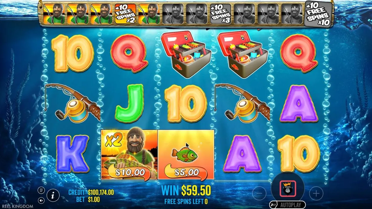 Big Bass Bonanza free spins at x2: a fisherman wild marked x2 holding $10.00 beside a $5.00 fish, the fisherman bar lit one tile past x2