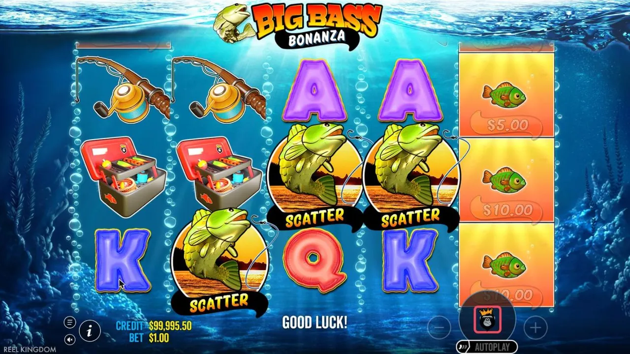 Big Bass Bonanza spin 5 at a $1 bet: three leaping bass scatters on reels 2, 3 and 4, with fish tagged $5 and $10 on reel 5