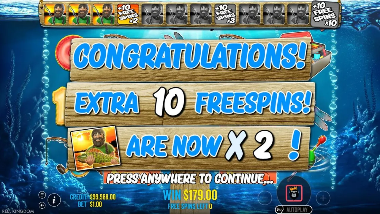 Big Bass Bonanza retrigger board, extra 10 free spins with the fishermen now x2, and the fisherman bar lit through its +10 x2 tile