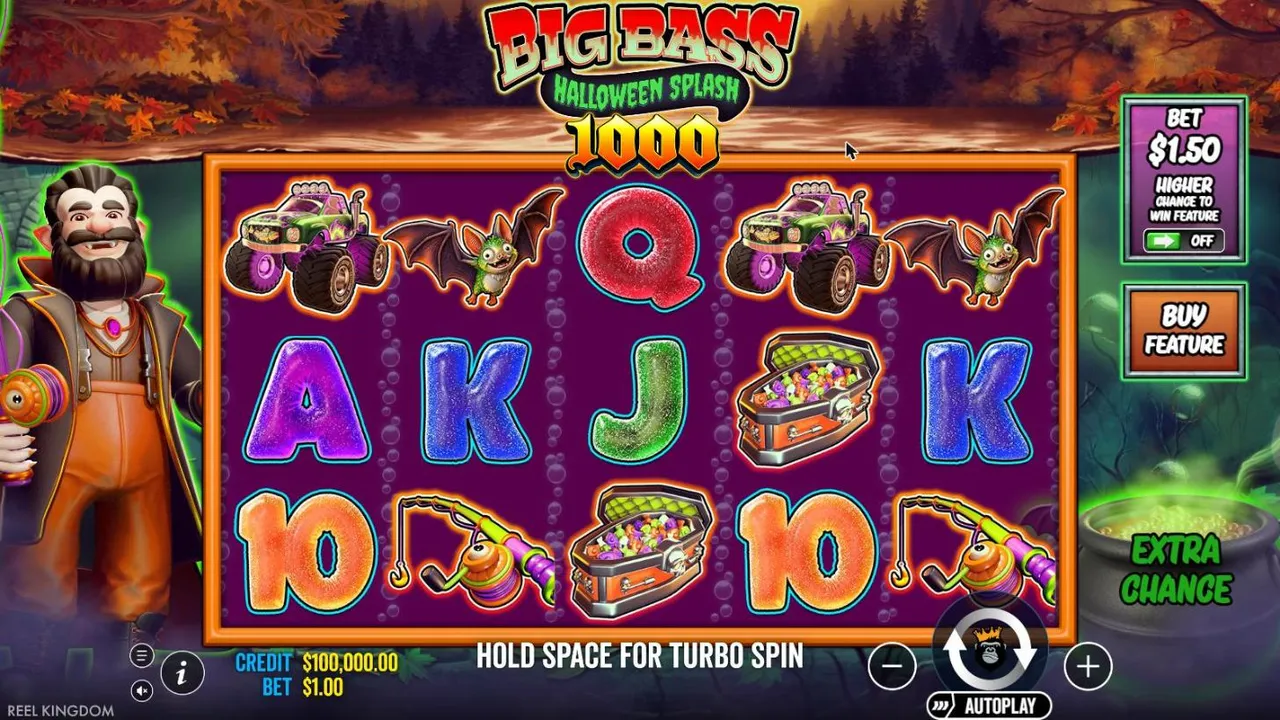 Big Bass Halloween Splash 1000 base game at a $1 bet: monster trucks, bats, coffins and jelly letters, with the vampire fisherman and the cauldron