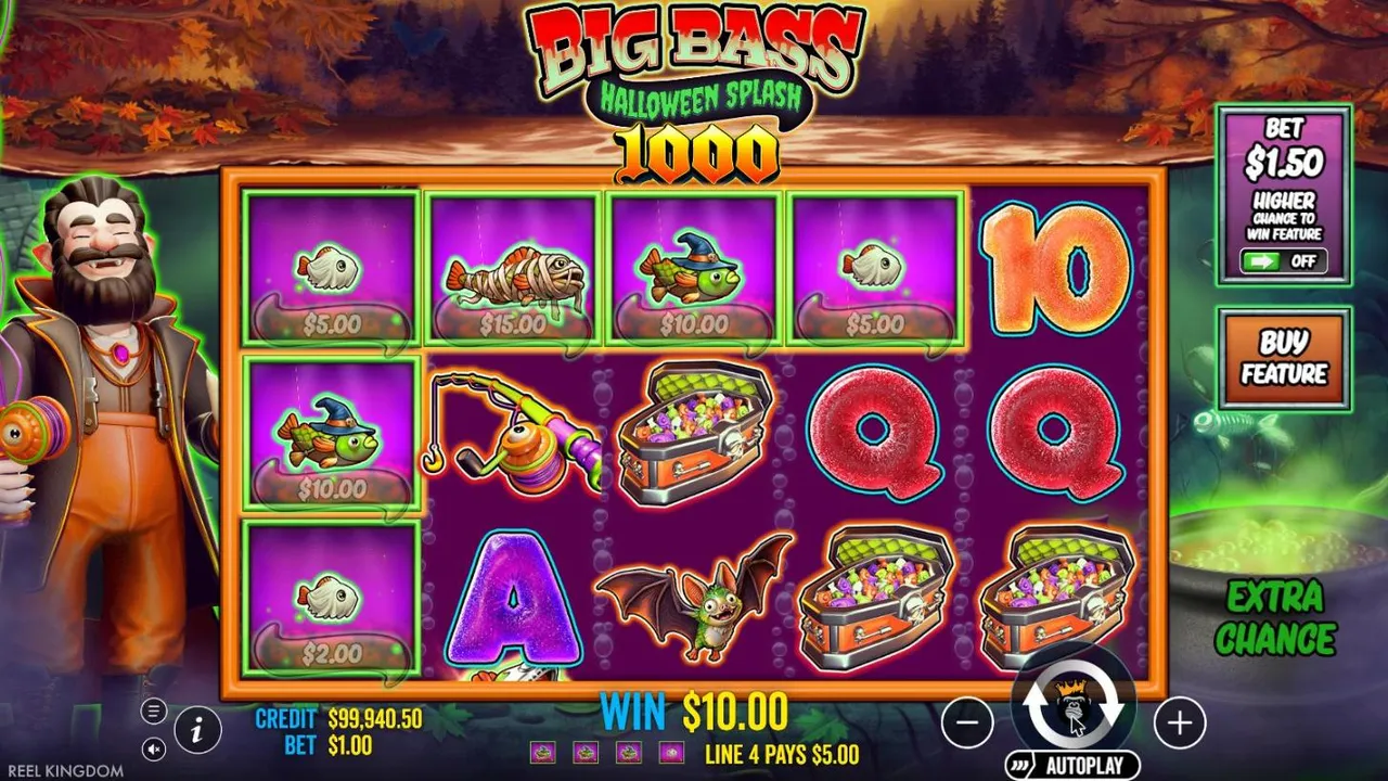Big Bass Halloween Splash 1000 spin 95 at a $1 bet: fish on reels 1 to 4 framed in green, WIN $10.00 and LINE 4 PAYS $5.00