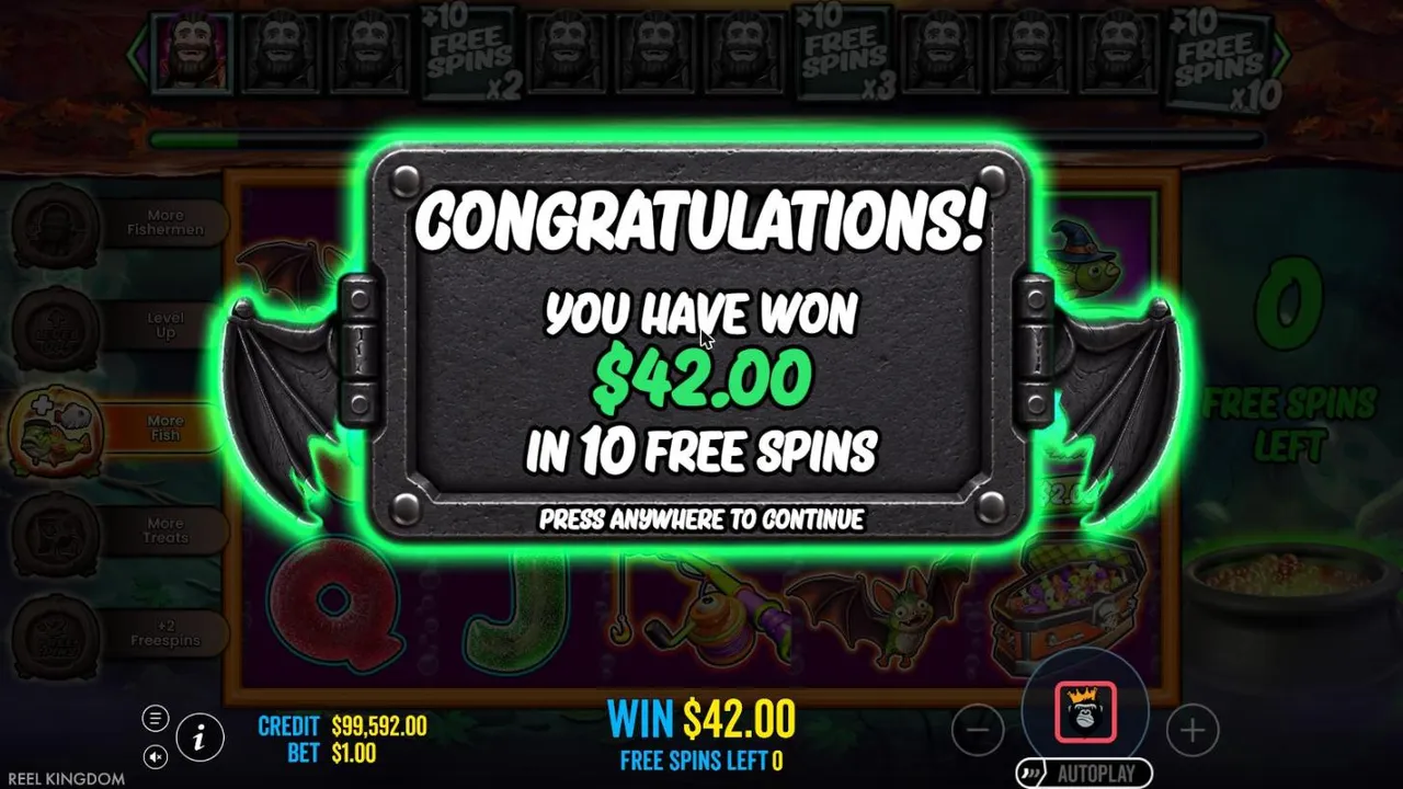 Big Bass Halloween Splash 1000 result after the $450 Super buy: You have won $42.00 in 10 free spins, on a bat-winged iron plaque
