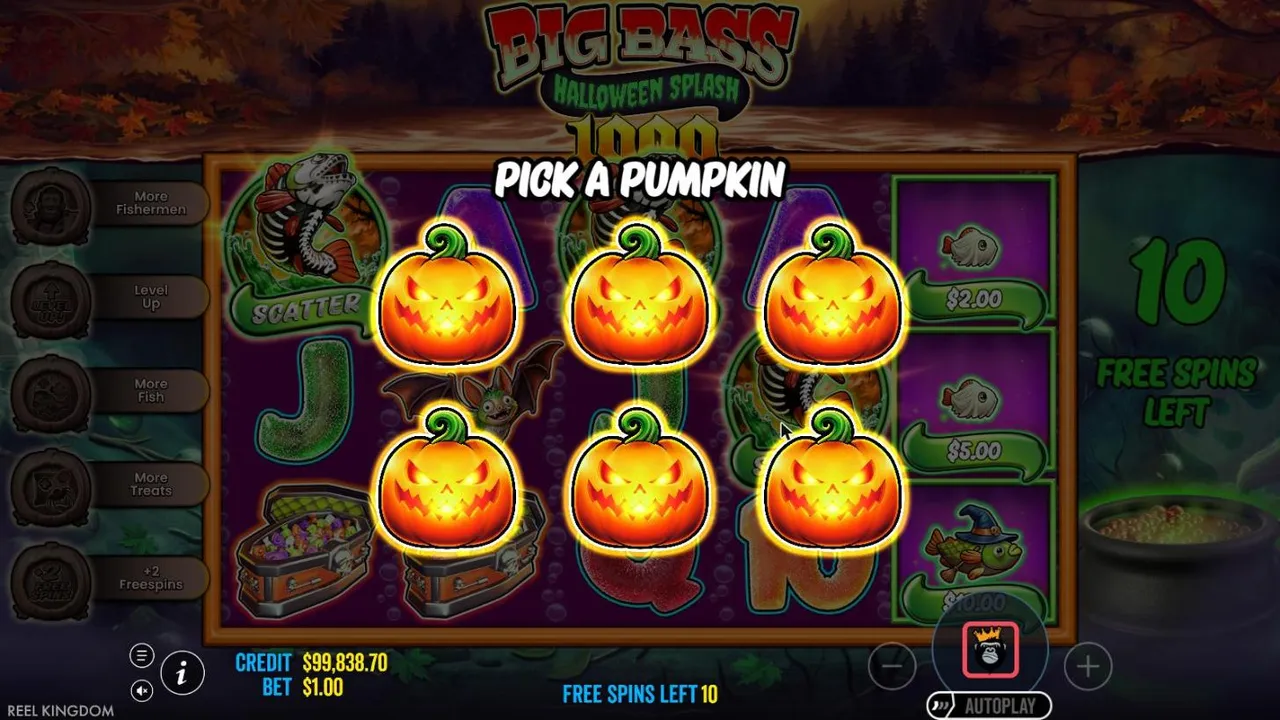 Big Bass Halloween Splash 1000 Pick a Pumpkin screen at the start of the $100 buy: six jack-o'-lanterns, with five upgrades listed on the left