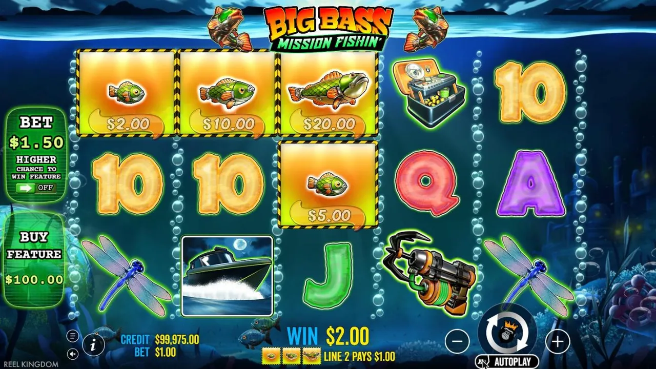 Big Bass Mission Fishin' base game at a $1 bet: fish tagged $2.00, $10.00, $20.00 and $5.00 on reels 1 to 3, WIN $2.00