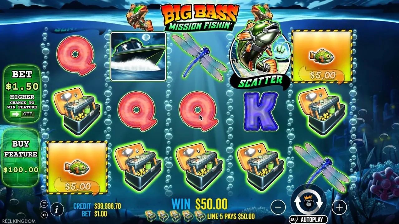 Big Bass Mission Fishin' spin 100 at a $1 bet, settled: five tackle boxes on line 5, a scatter on reel 4, WIN $50.00