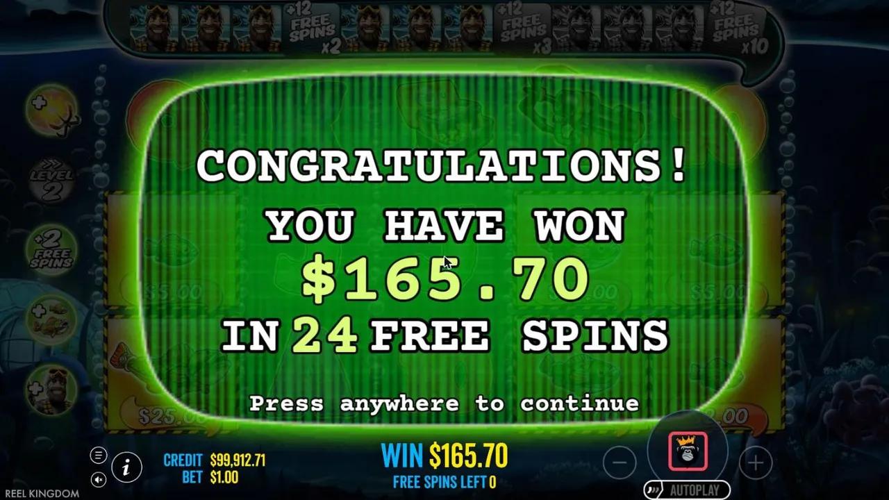 Big Bass Mission Fishin' result screen after our $100 Free Spins buy at a $1 bet: YOU HAVE WON $165.70 IN 24 FREE SPINS