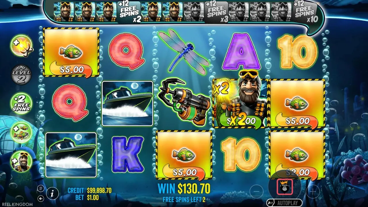 Big Bass Mission Fishin' bought free spins at 2x: a diver with a x2 tag collects fish tagged $5.00, $5.00, $5.00 and $2.00
