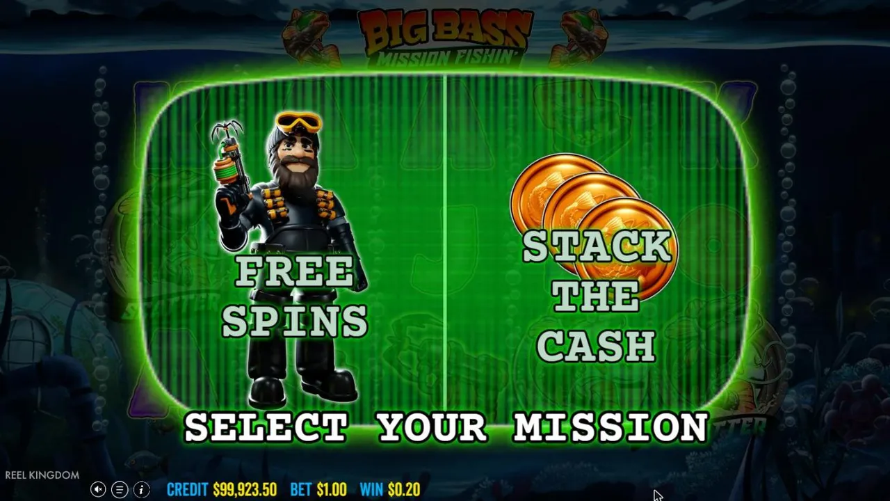 Big Bass Mission Fishin' SELECT YOUR MISSION screen: the diver for FREE SPINS on the left, fish coins for STACK THE CASH on the right