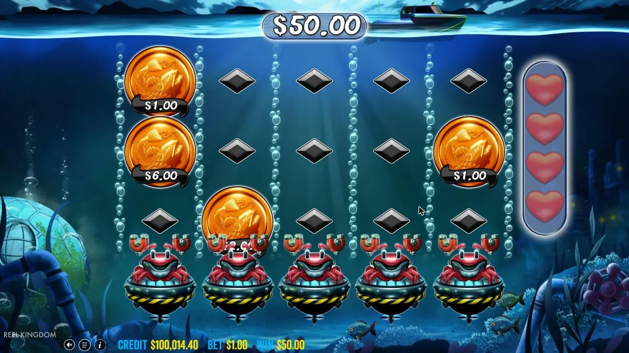 Big Bass Mission Fishin' Stack the Cash after our $100 buy at a $1 bet: $50.00 on the total panel, fish coins and five robo-crabs