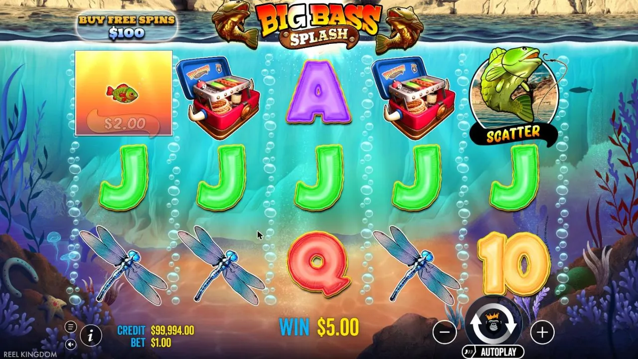 Big Bass Splash base game at a $1 bet: five green J symbols across the middle row, a $2.00 fish on reel 1 and a scatter on reel 5, WIN $5.00