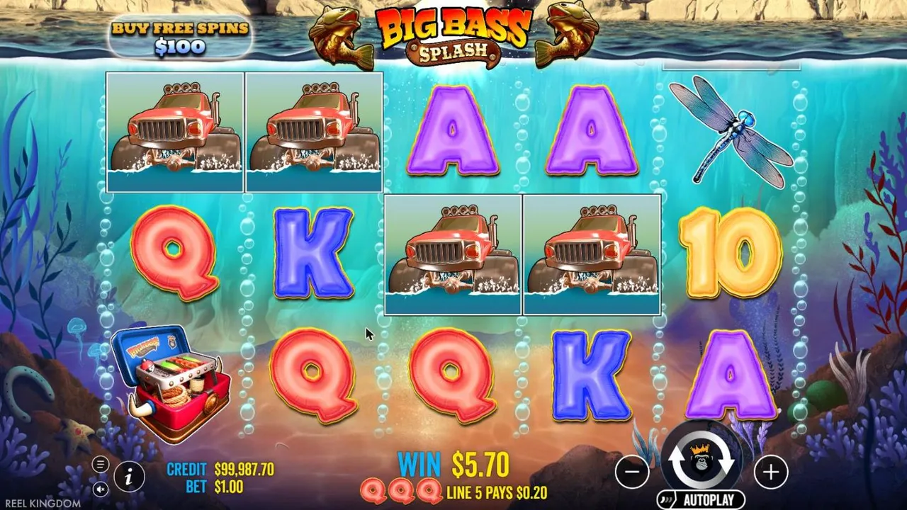 Big Bass Splash spin 25 at a $1 bet, settled: four monster trucks on reels 1 to 4 split across two rows, WIN $5.70 and LINE 5 PAYS $0.20