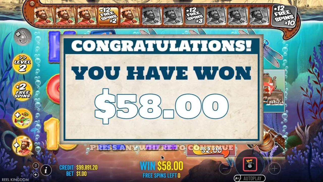 Big Bass Splash result after our $100 Free Spins buy: you have won $58.00, with four modifier badges still lit down the left