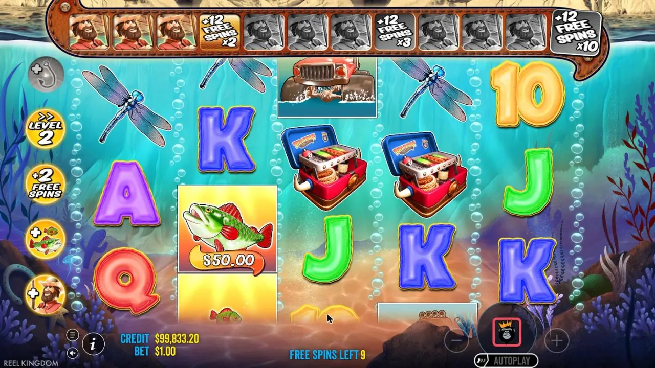 Big Bass Splash free spins with 9 left: the fisherman bar lit to its +12 free spins x2 tile, and a $50.00 bass on reel 2