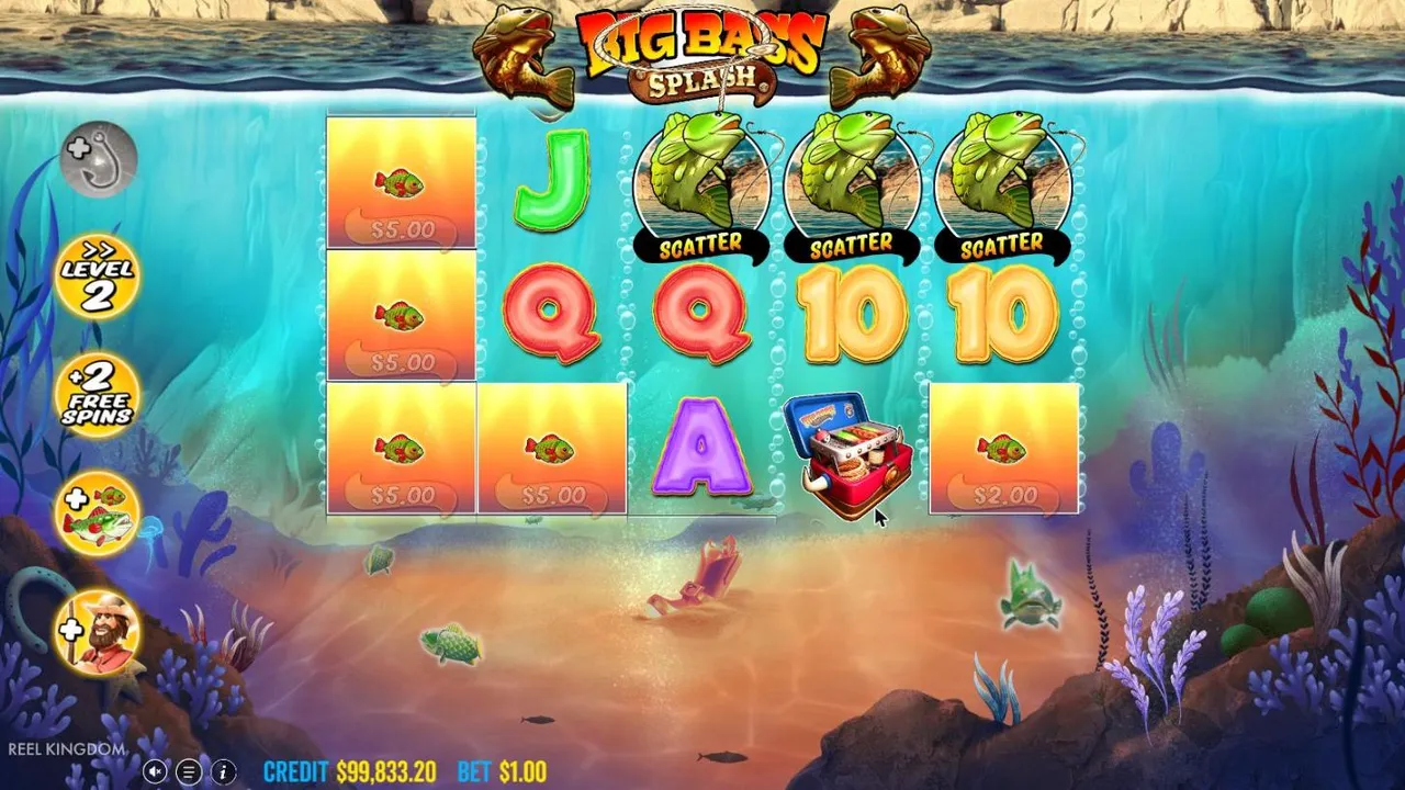 Big Bass Splash modifier step after our $100 buy: three scatters, and four of five badges lit for Level 2, +2 spins, more fish and more fishermen