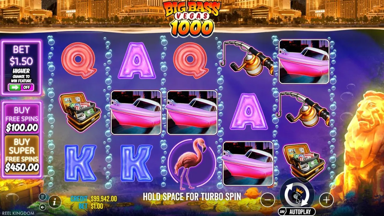 Big Bass Vegas 1000 base game at a $1 bet: neon card letters, pink speedboats, a flamingo and tackle boxes below a Las Vegas skyline